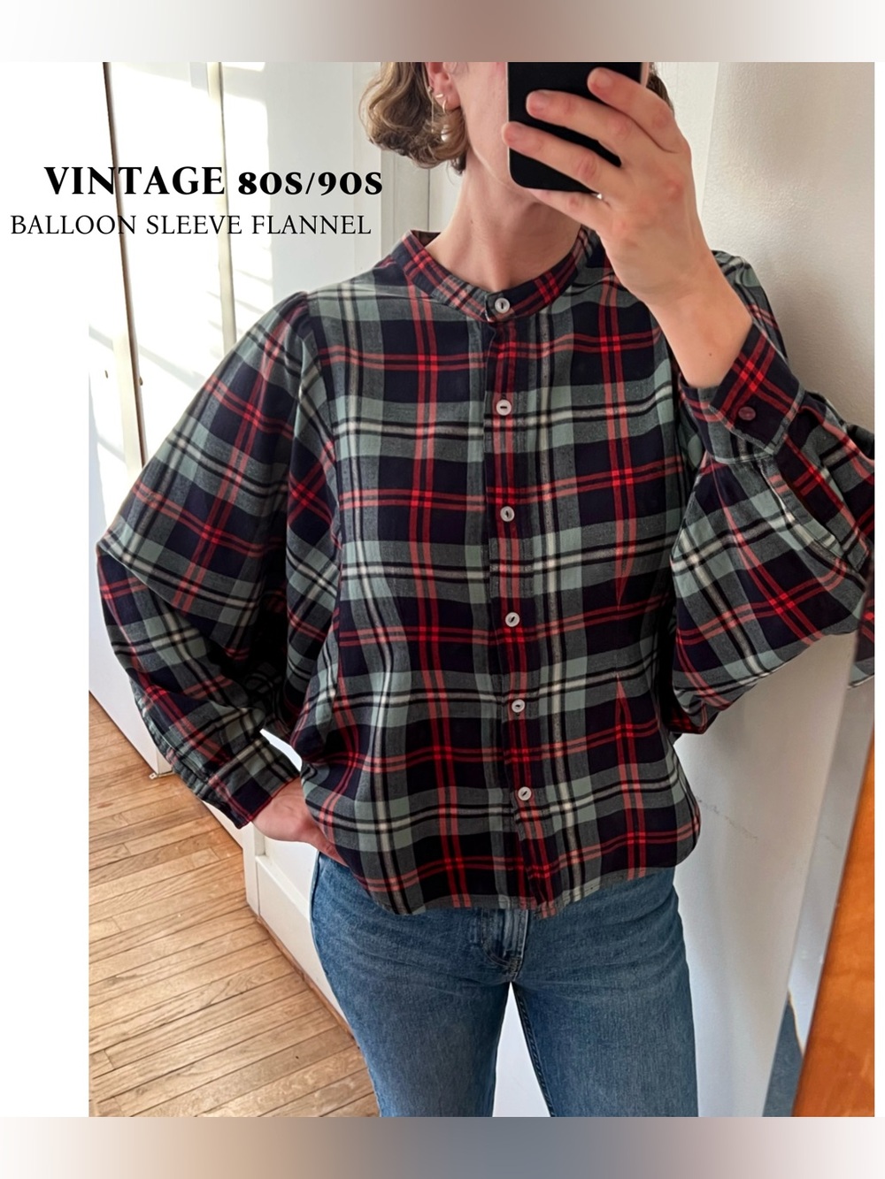 Vintage 80s/90s Plaid Balloon Sleeve Flannel Blouse Size Small
